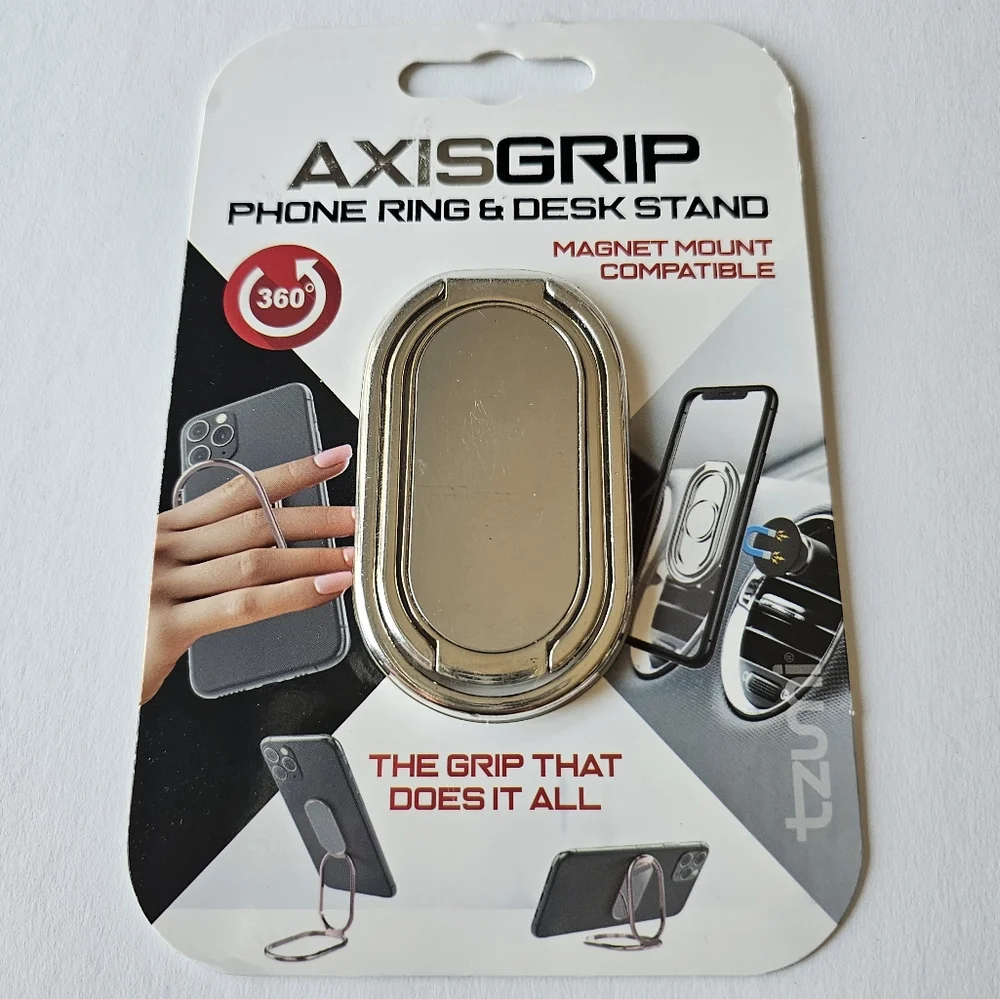 AxisGrip Large Phone Ring & Folding Desk Stand - SILVER METAL